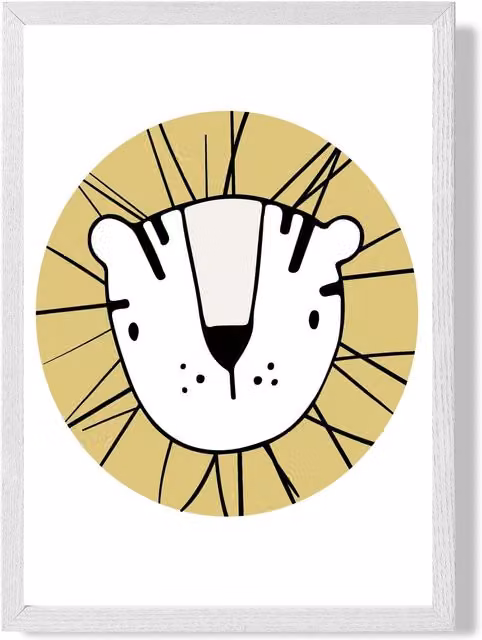 ARTZE Cute Yellow Lion Scandi Animal Framed Print in White Frame, A3