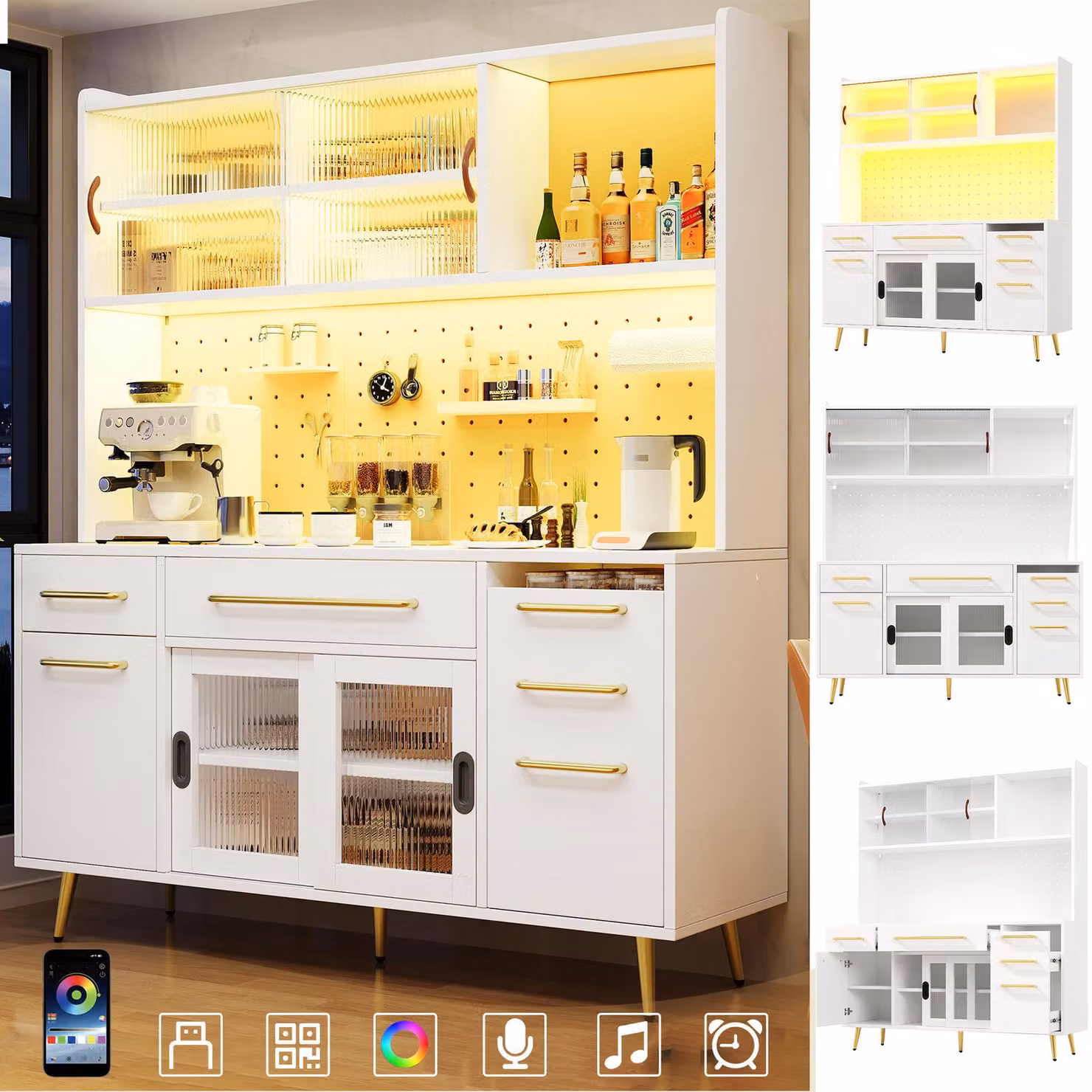 Aosom UK Modern White Tall Storage Cabinet with App-Controlled LED Lighting and MDF Pegboard, featuring Sliding Doors, W: 39 cm, D: 45 cm, H: 171 cm – 3