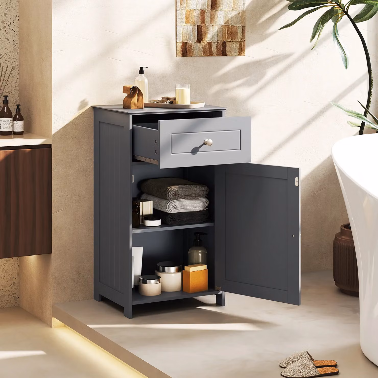 Costway Single Door Grey Bathroom Cabinet with Internal Shelves and Drawers – 4