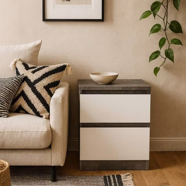 Wyld Haus Budapest Bedside Table with 2 Drawers, White and Grey Concrete Effect – 1