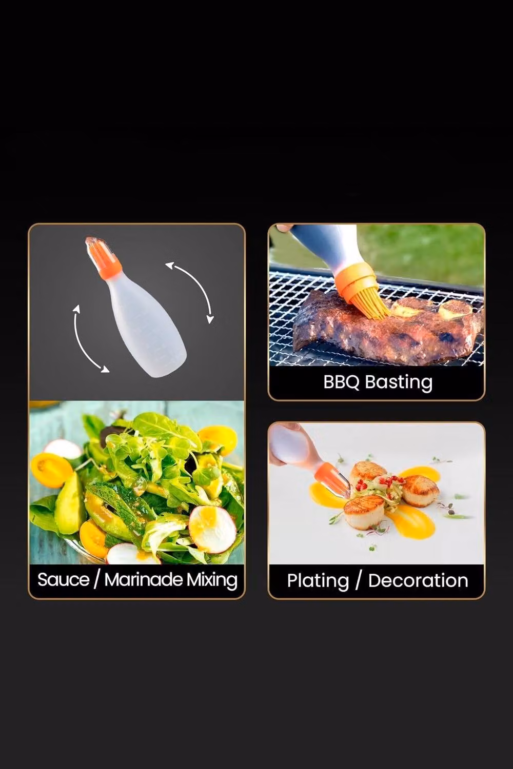 Gourmet Easy Set of 2 Heat Resistant Silicone Basting Brushes with Sauce Bottle in Orange and Black – 2