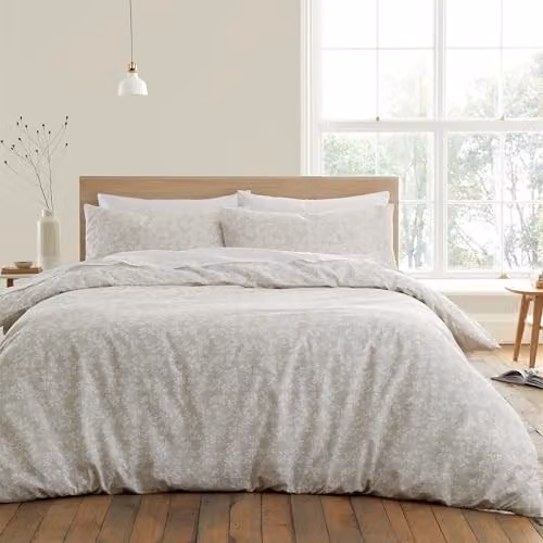 Bianca Shadow Leaves 200 Thread Count Cotton Percale Double Duvet Cover Set with Pillowcases in Beige