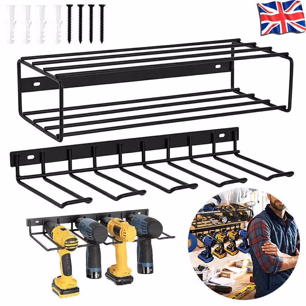VOGREX Wall Mounted Metal Power Tool Organizer and Drill Holder Storage Rack in Black – 4