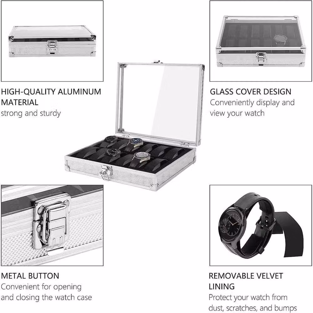 Kelvenix Silver Transparent 12 Slot Aluminium Wristwatch and Jewellery Display Storage Box, W/D/H: 26.0 x 21.0 x 6.0 cm – 5
