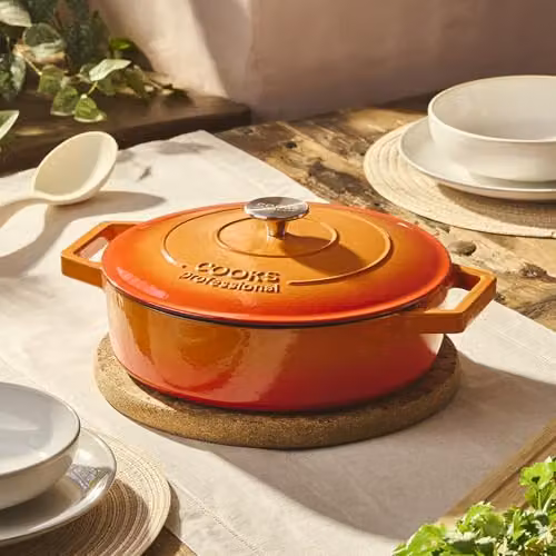 Cooks Professional Enamelled Cast Iron Shallow Casserole Dish with Lid and Handles, Orange, 28 cm, 4.3 l – 2