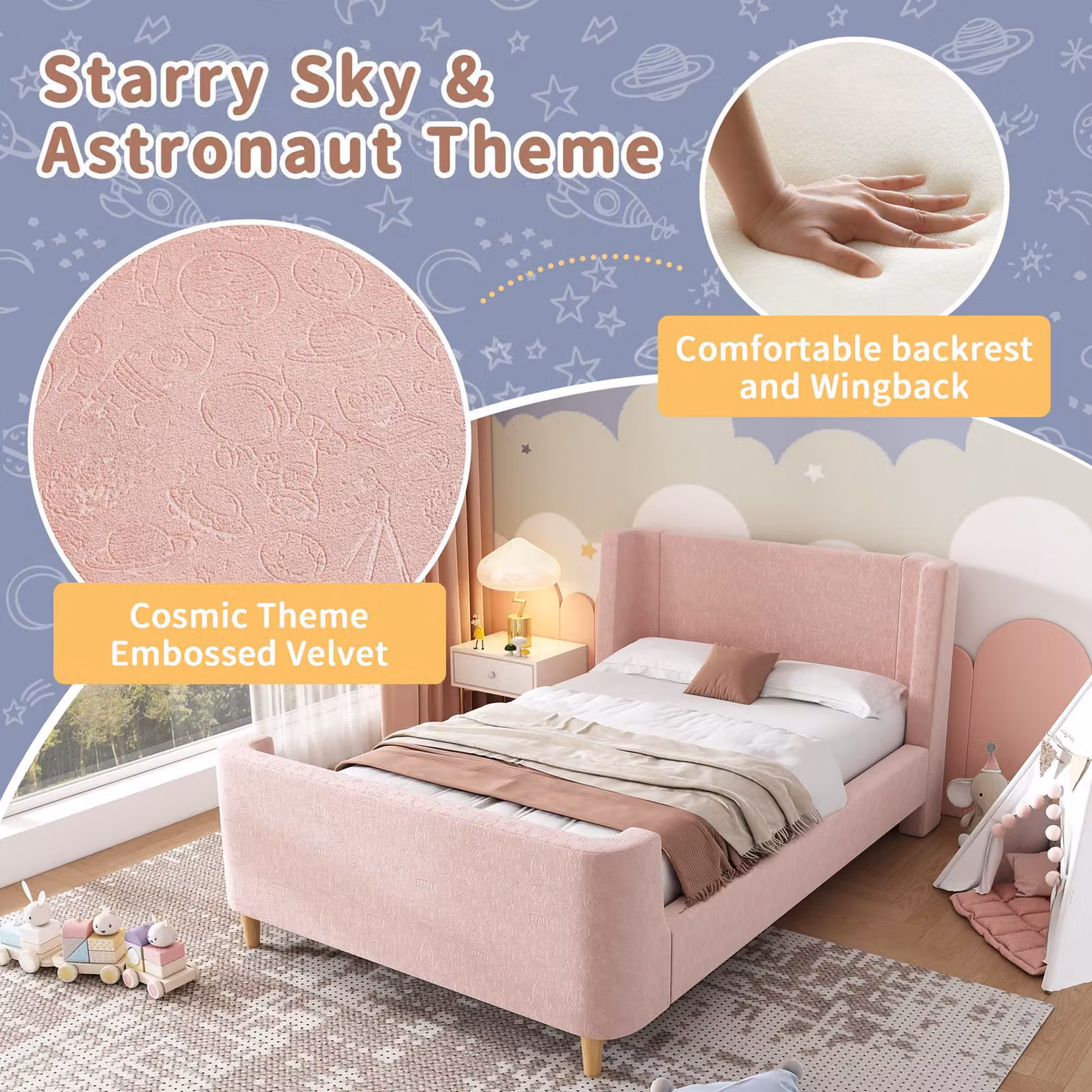Aosom UK Pink Velvet Upholstered Single Bed Frame with Cosmic Print and Padded Headboard, L: 206 cm, W: 99 cm, H: 76 cm – 3