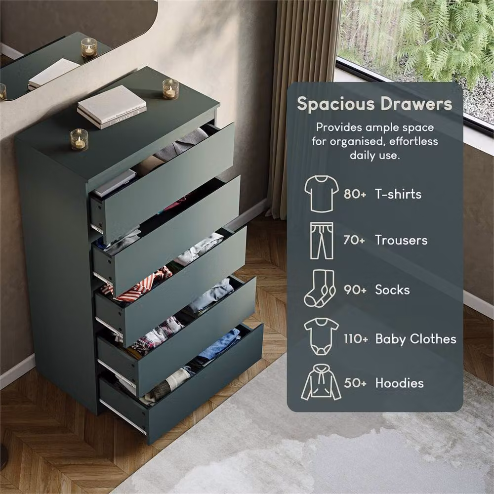 NESTLUNE Green 5 Drawer Chest of Drawers Storage Cabinet W: 100 cm, D: 60 cm – 4