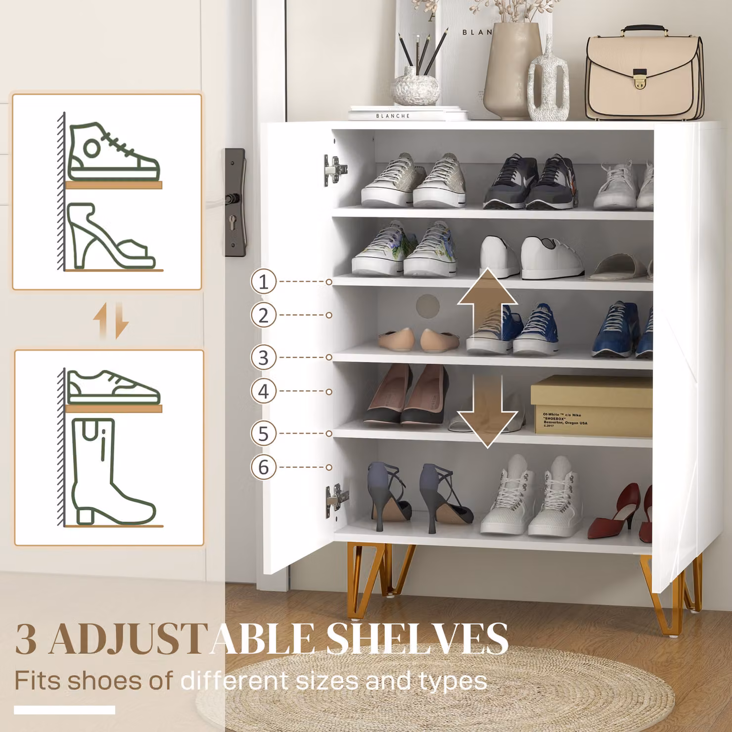 HOMCOM Narrow White Shoe Storage Cabinet with Soft-Close Hinged Doors and Adjustable Internal Shelves – 3
