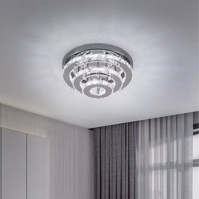 Komore Silver Recessed LED Ceiling Light with Multi-layered Transparent Crystal Ring