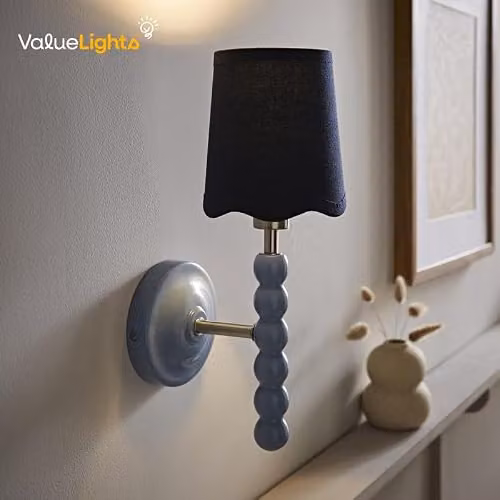 ValueLights Bobbins Blue Wall Light with Fabric Shade and Wood Details, W/D/H: 16.0 x 12.0 x 34.5 cm – 3