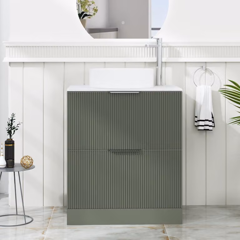 Royal Bathrooms Evora Sage Green Fluted Floor Standing Countertop Vanity Unit with 2 Drawers and Art Basin