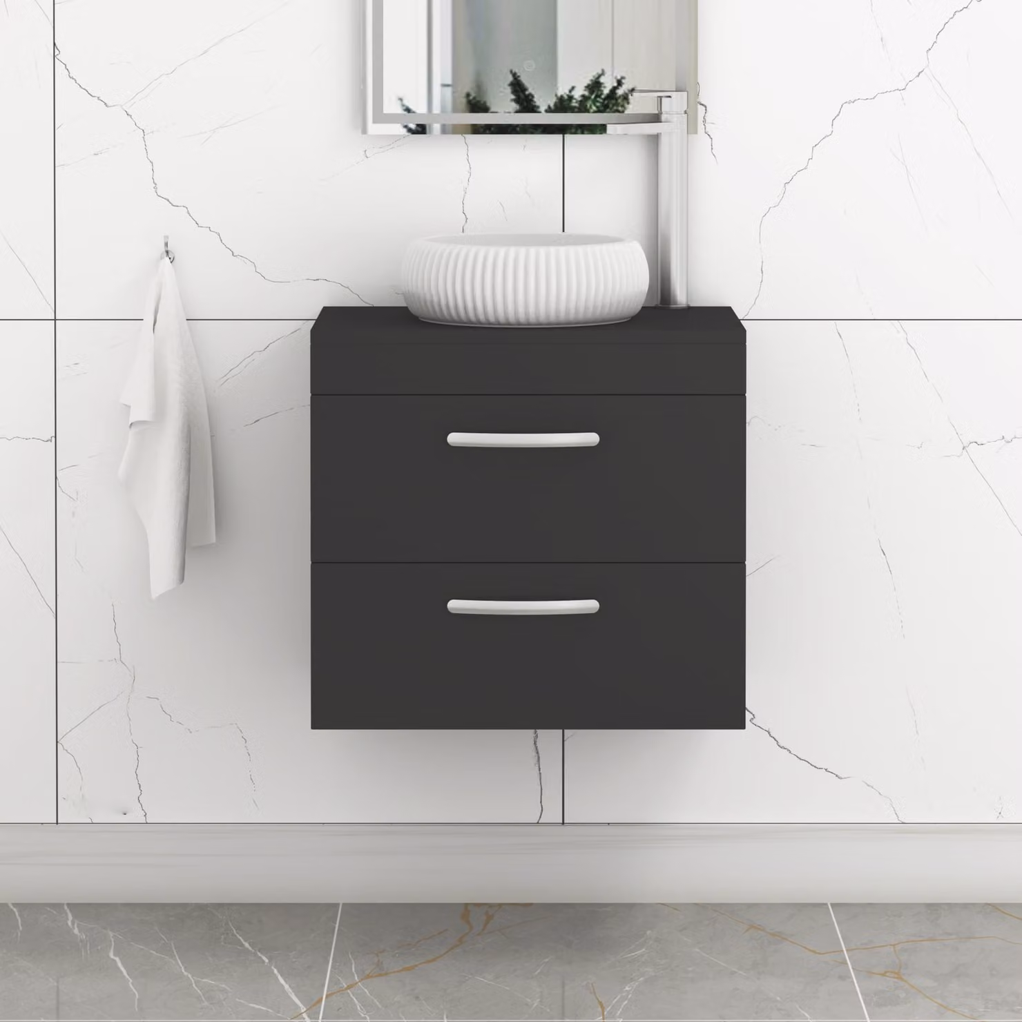 Royal Bathrooms Turin 800mm Wall Hung Vanity Unit with 2 Drawers and Countertop Basin in Matt Black