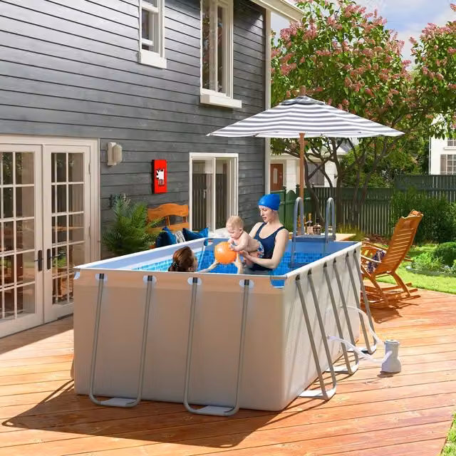 Outsunny Rectangular Above Ground Steel Frame Swimming Pool with Ladder, Pump, Filter and Repair Kit, Grey, W: 400 cm, D: 207 cm, H: 122 cm