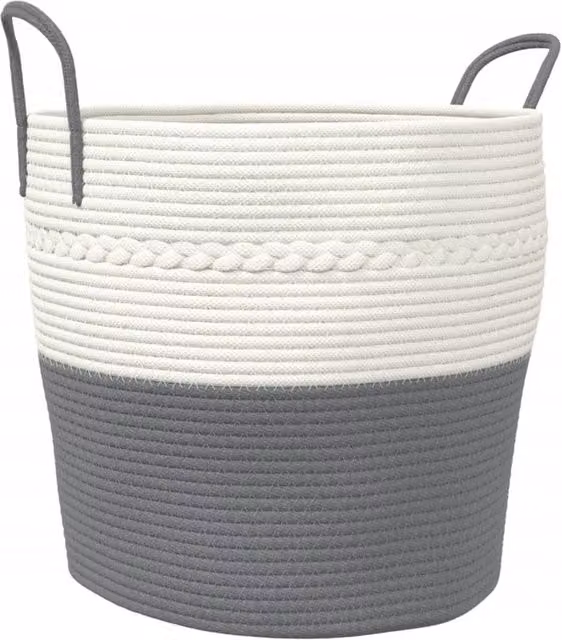 Berkfield Grey and White Open Weave Cotton Storage Basket with Handles, W: 43 cm, D: 38 cm, H: 38 cm – 1