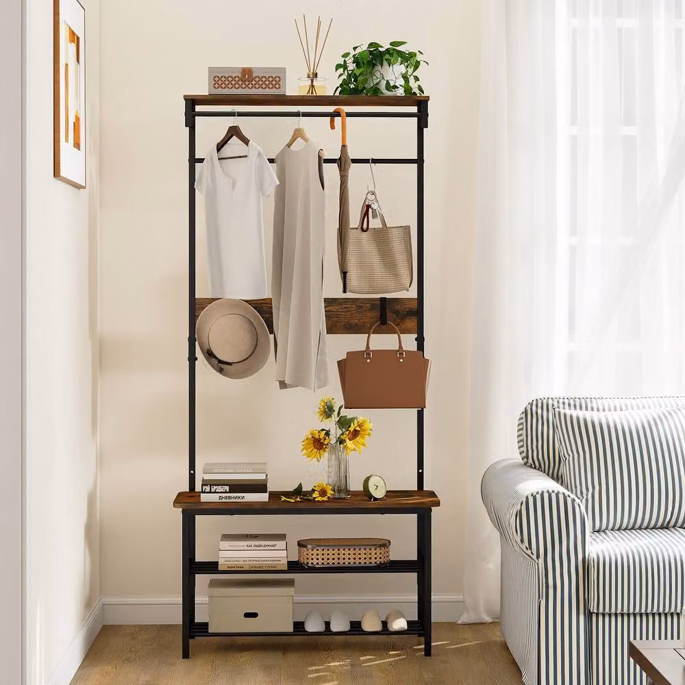 Gymax Industrial Hall Tree with Bench and Shoe Cupboard in Brown – 5