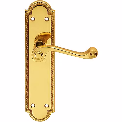 Loops Pair Reeded Scroll Lever on Shaped Latch Backplate in Polished Brass, W: 205 mm, H: 49 mm