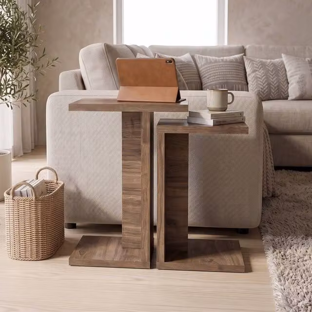 Decortie Nero Set of 2 C Shaped Modern Sofa Side Tables in Walnut