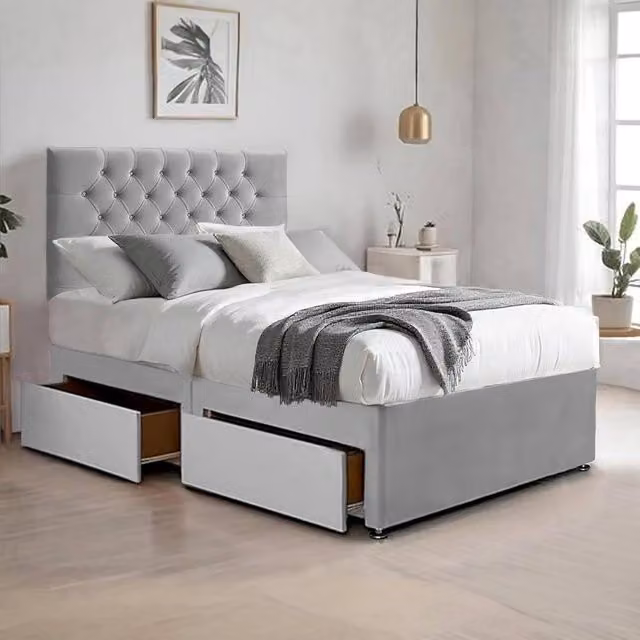 Bed Time UK King Size Plush Velvet Upholstered Bed with Mattress, 2 Drawers and 20 inch Chesterfield Headboard in Silver, W/D/H: 180 x 200 cm – 1