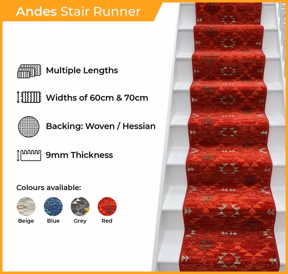 runrug Andes Stair Runner Carpet in Red, W: 60 cm x L: 570 cm – 2
