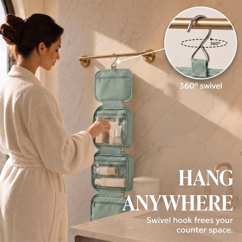 Lugg Waterproof Travel Toiletry and Makeup Bag with Hanging Hook, Light Green, W: 19 cm, D: 8 cm, H: 25 cm – 4