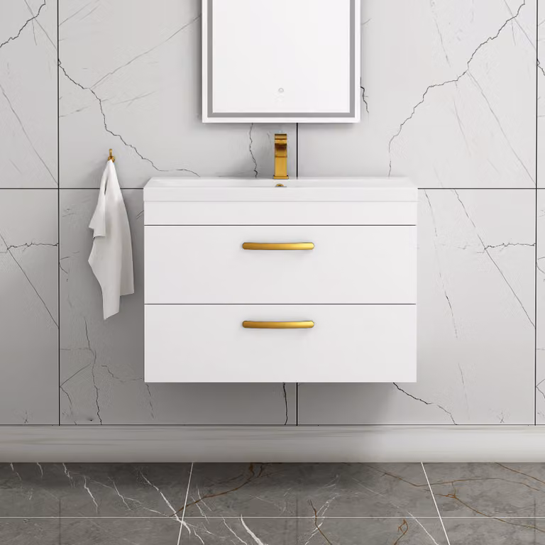 Royal Bathrooms Turin 800mm Wall Hung Gloss White Vanity Unit with 2 Drawers and Brushed Brass Handle