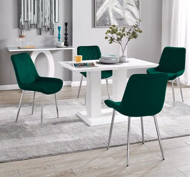 FurnitureboxUK Imperia 4 Seater Dining Set with White High Gloss Rectangular Table and 4 Green Velvet Chairs W/D/H: 120 x 70 x 75 cm – 1