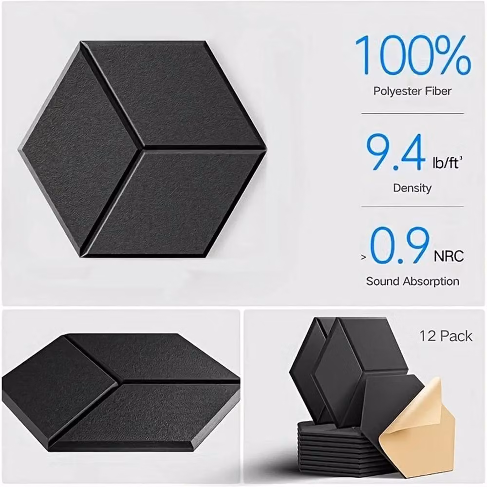 Nordara 12X Black Self-Adhesive Geometric Hexagon Acoustic Felt Tiles – 3