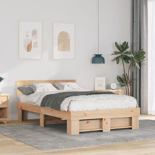 Berkfield Home Solid Pine Wood Bed with Headboard, Brown, W: 140 cm, L: 190 cm – 1
