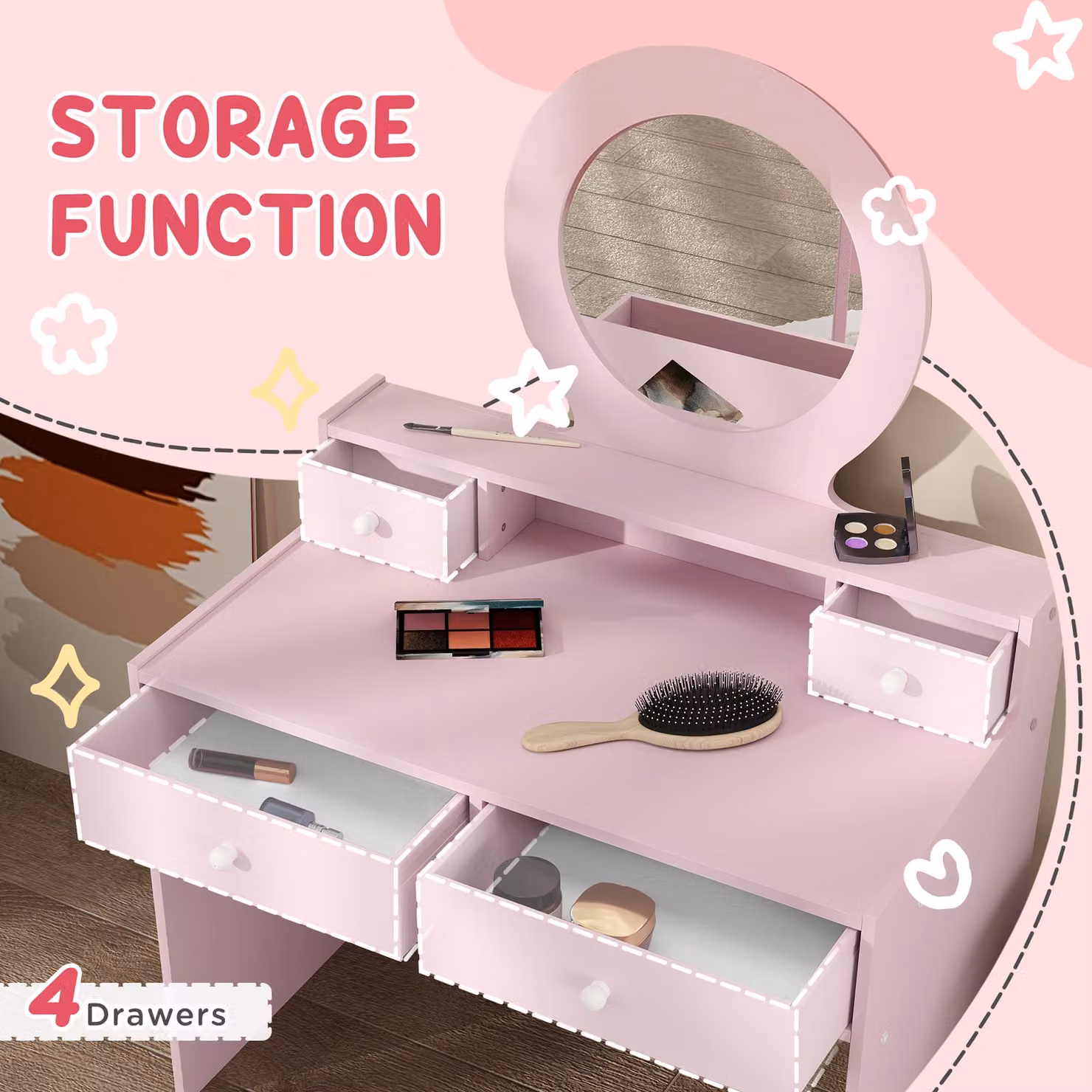 AIYAPLAY Kids Dressing Table Set with Stool, Mirror and Storage Drawers, Pink – 2