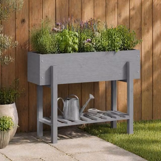 STILVORA Grey Lacquered Wooden Raised Planter Bed for Vegetable and Herb Gardens W/D/H: 100 x 70.5 x 35 cm