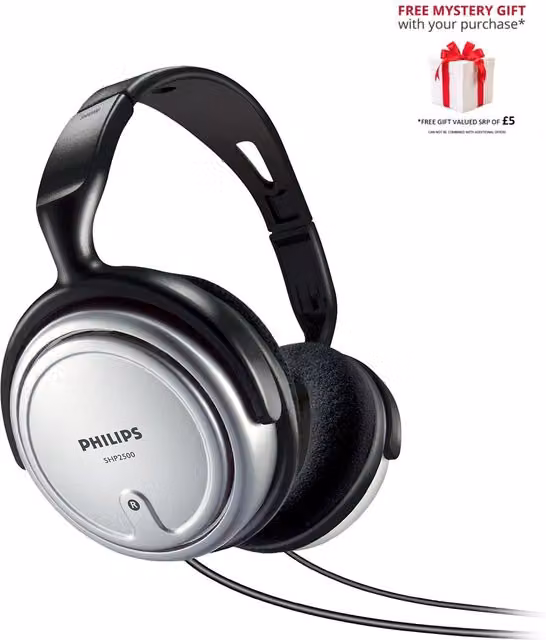 Philips SHP2500 Over-Ear Corded Studio Headphones with 3.5 mm Jack, Black and Silver