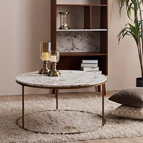 Teamson Home Marmo Large Round Marble Coffee Table and Side Table, White, Grey and Gold, W/D/H: 91.4 x 91.4 x 45.7 cm – 2