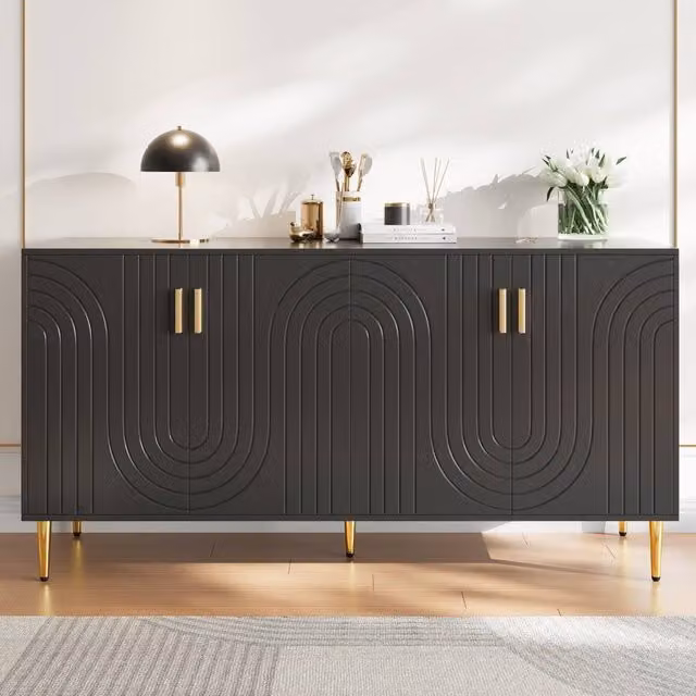 ModernLuxe Black 4-Door Sideboard with Geometric Wave Design, W: 150 cm, D: 40 cm, H: 75 cm – 1