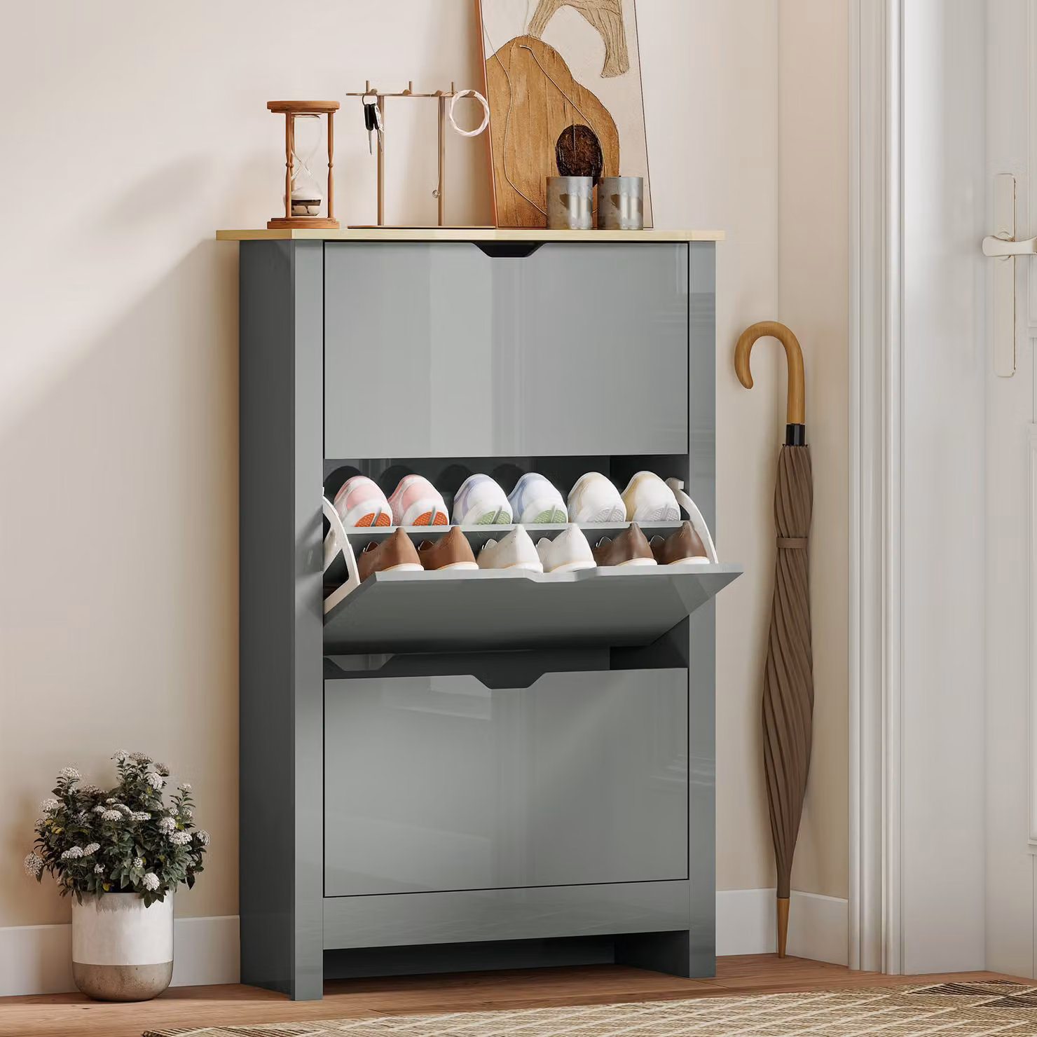 HOMCOM Slim Shoe Cabinet in Grey with 3 Tilting Compartments and Adjustable Shelves for 18 Pairs of Shoes – 2