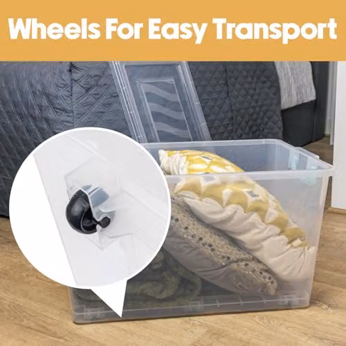 JVL Set of 4 Plastic Lidded Storage Boxes with Wheels, Stackable and Nestable, Transparent, 50L per box – 2