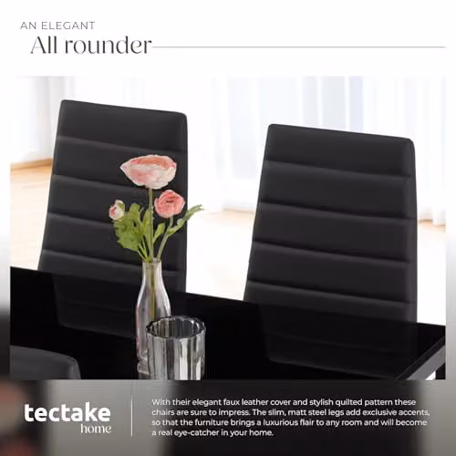 tectake Set of 8 Modern Dining Chairs in Black Synthetic Leather with Metal Legs – 8