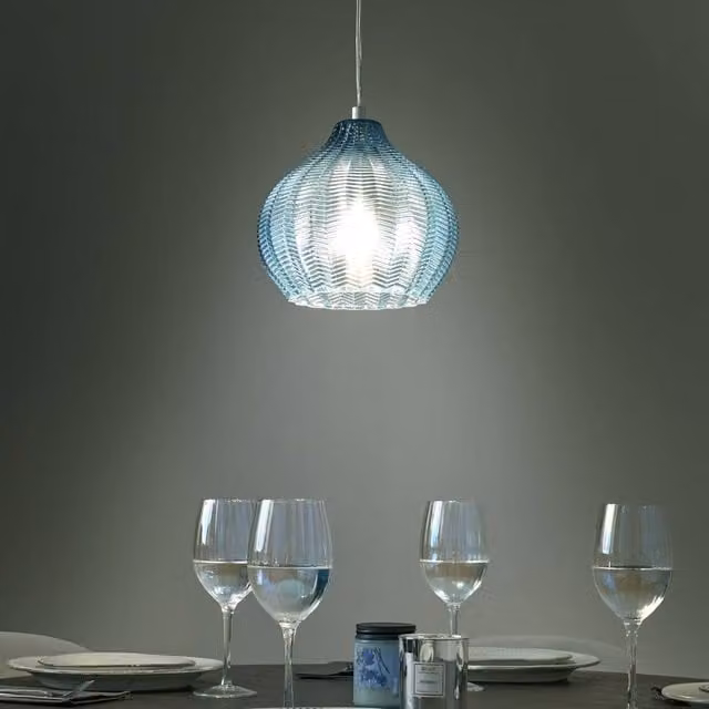 Wyld and Coco Blue Glass Retro Pendant Lamp with Adjustable Height and Silver Accents