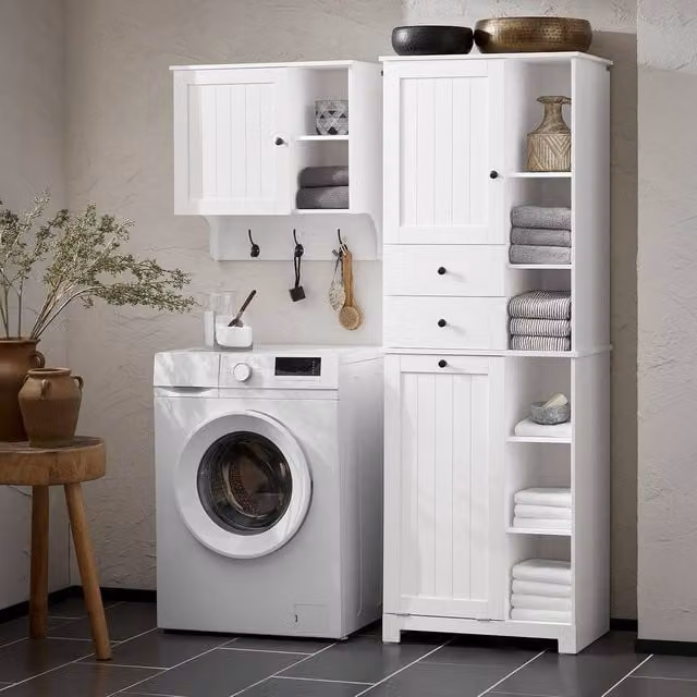 SoBuy Modern White Bathroom Tall Cabinet with Internal Shelves and Drawers – 1