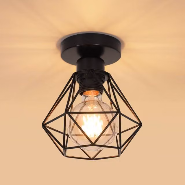 Pheashine Black Metal Wire Cage Industrial Ceiling Light with E27 Socket, W/D/H: 16 x 18 x 10 cm