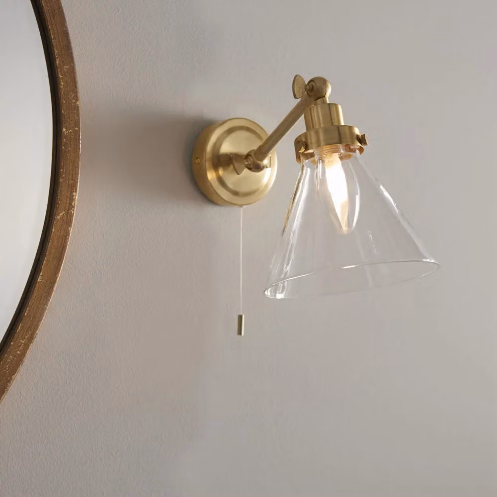 Loops Modern Bathroom Wall Light Fitting with Gold Brass Plate and Transparent Glass Shade – 2