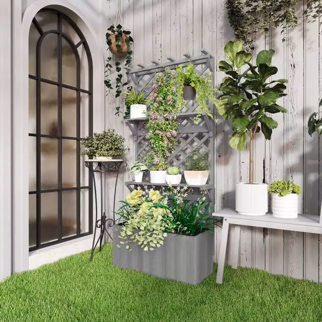 Outsunny 52L Wooden Planter with Trellis in Grey
