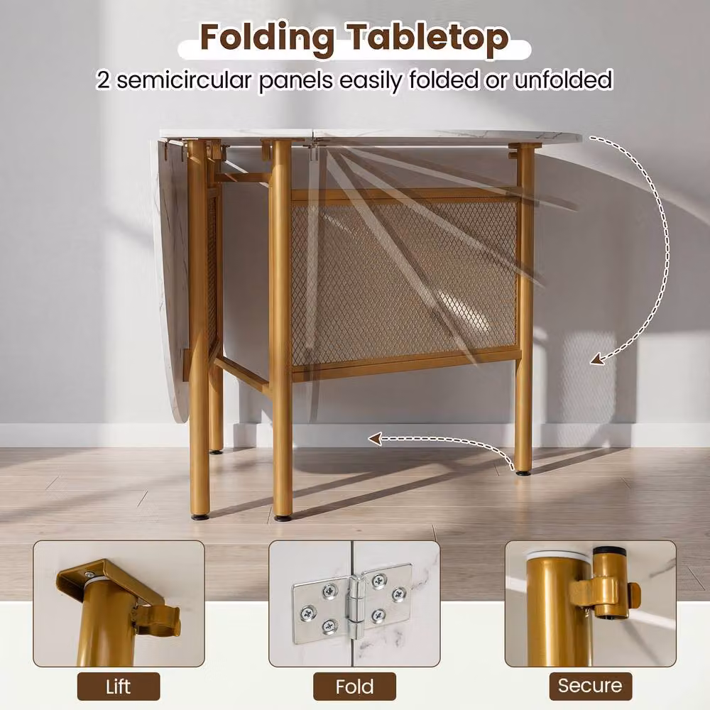 Costway Modern White and Gold Marble Drop Leaf Folding Dining Table, W: 150 cm, H: 76 cm – 3
