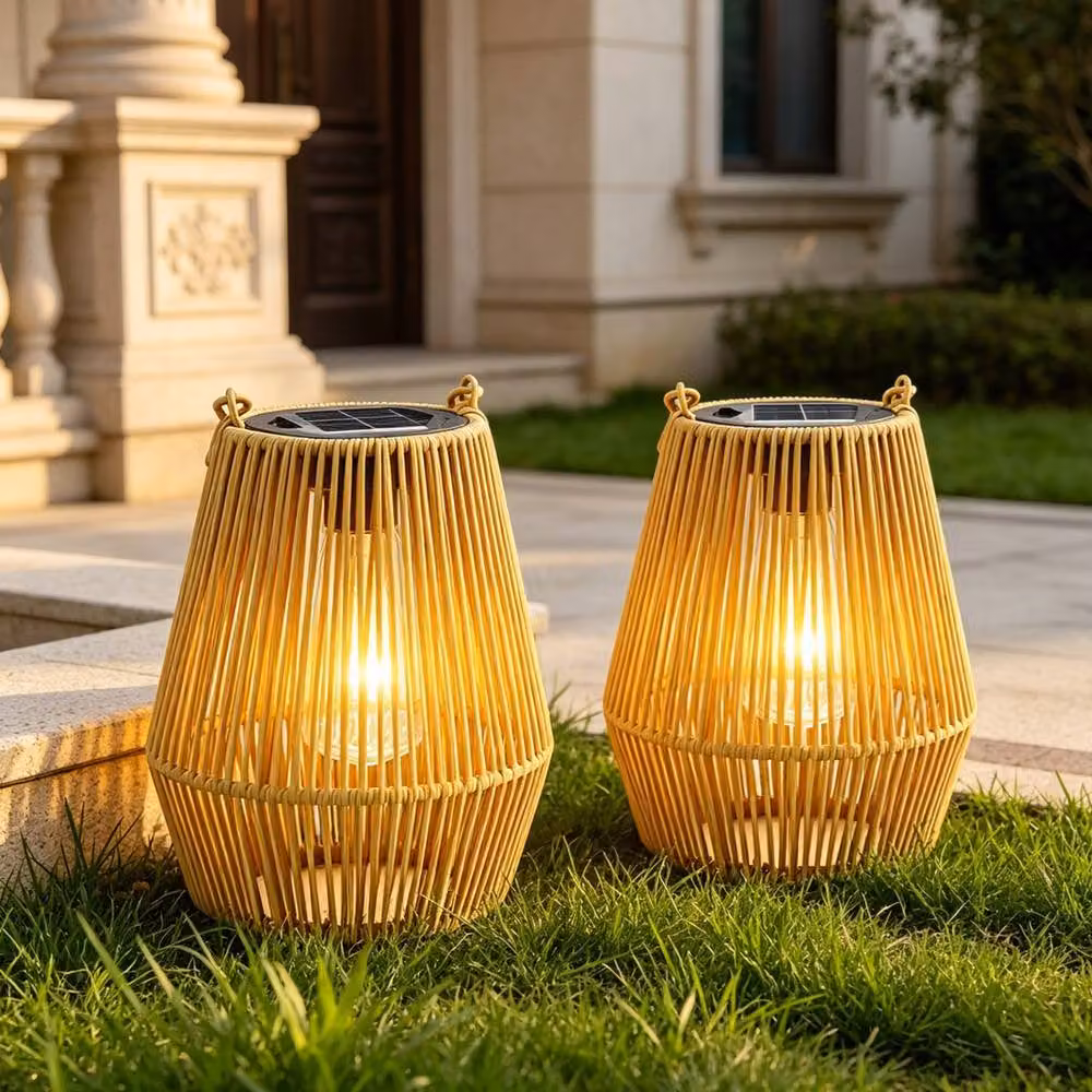 Gr8 Garden Set of 2 Solar LED Rattan Effect Hanging Lanterns in Brown with Warm White Light and Dusk Sensor IP44 – 2