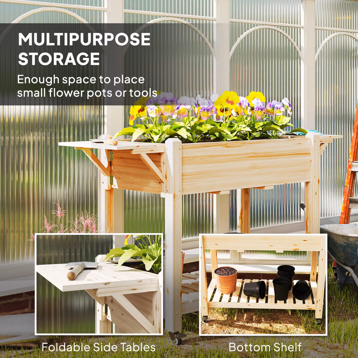 Outsunny Wooden Raised Garden Bed with Lockable Wheels, Side Tables and Bottom Shelf, Brown – 3