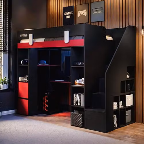Flair Furnishings Blaze Single Staircase Gaming High Sleeper Bed with Storage and Side Compartments, Black and Red – 1