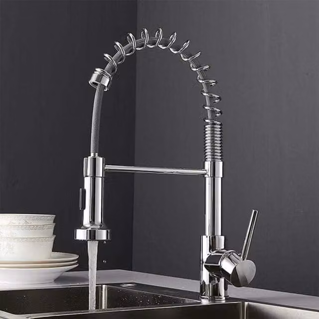 Nes Home Single Lever Kitchen Mixer Sink Tap with Pull Out Spout and Spray Function in Chrome Metallic Silver
