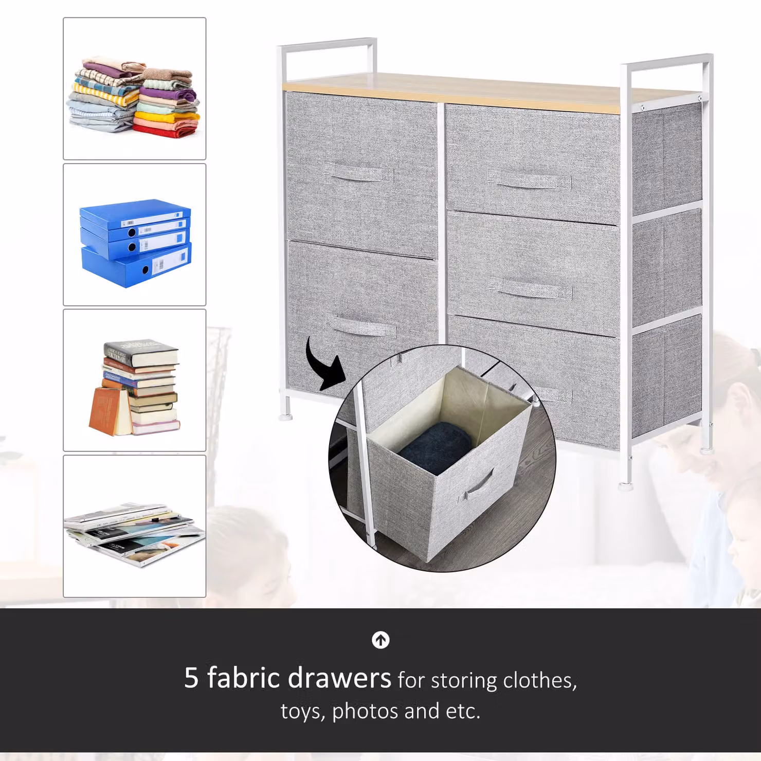 HOMCOM 5 Drawer Fabric Chest of Drawers with Open Shelf in Grey – 2