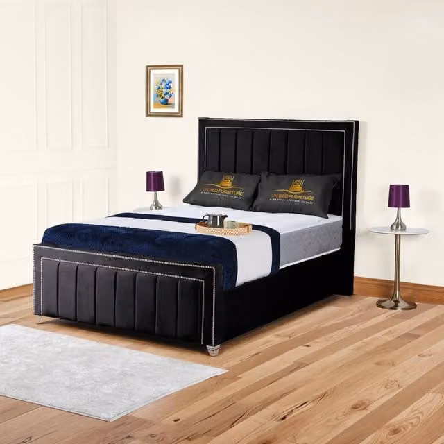 UK Bed Furniture Fiona Black Velvet Upholstered Slatted Base Bed, W/D/H: 140 x 200 cm