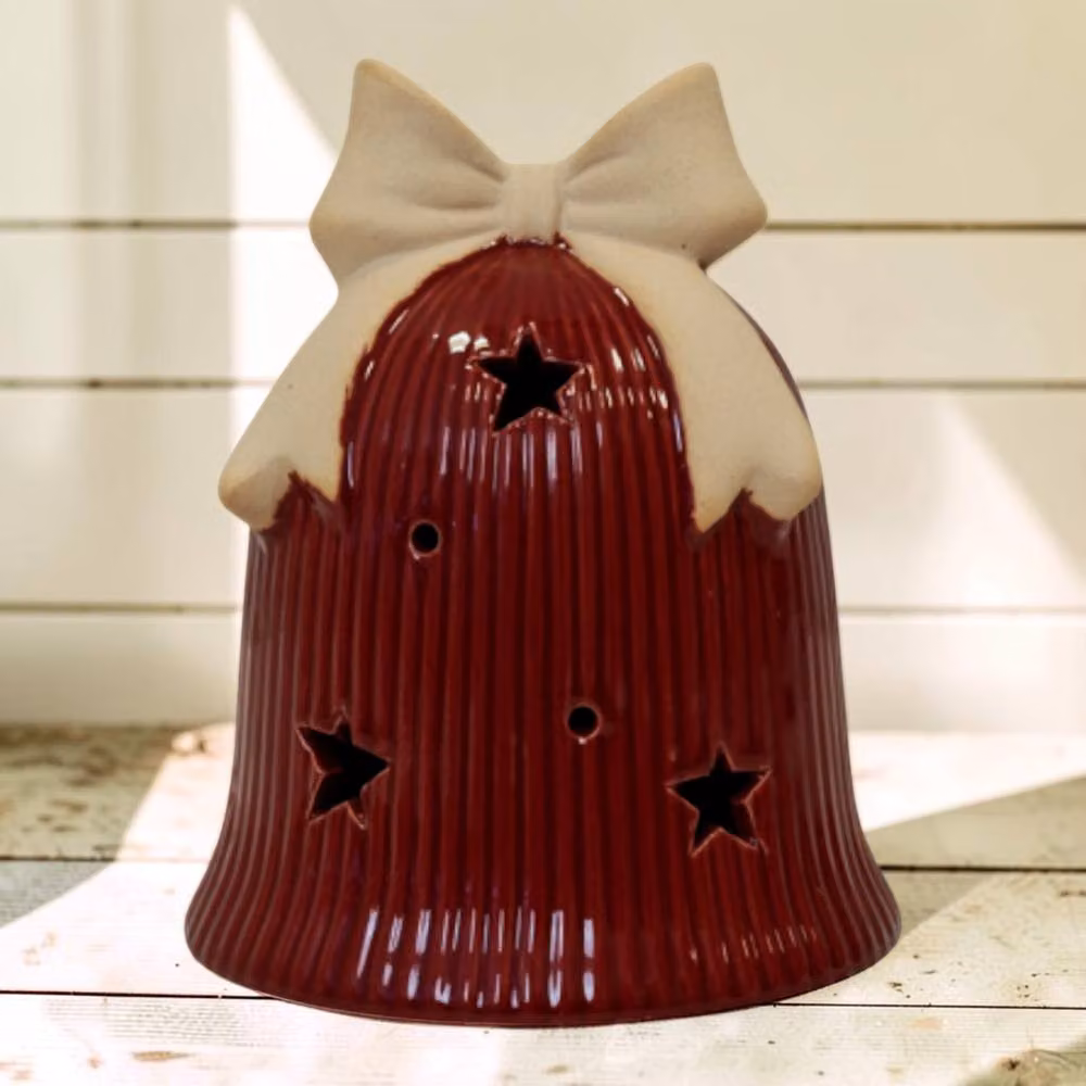 Four Candle Red Ceramic Christmas Bell with LED Star Cutouts and Bow, H: 15.0 cm, W: 12.0 cm, D: 12.0 cm – 2