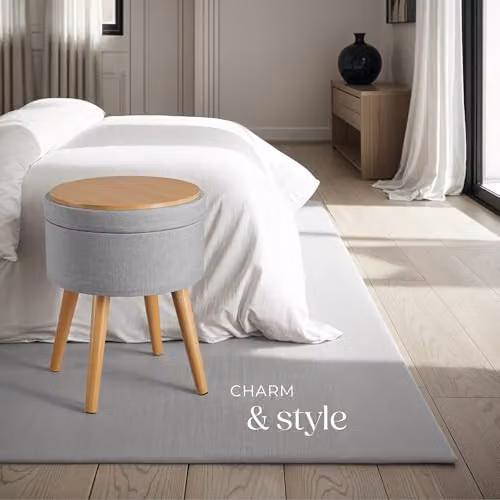 tectake Yara Round Storage Stool in Grey Fabric with Beech Legs, W/D/H: 45.5 x 42.5 x 42.5 cm – 2